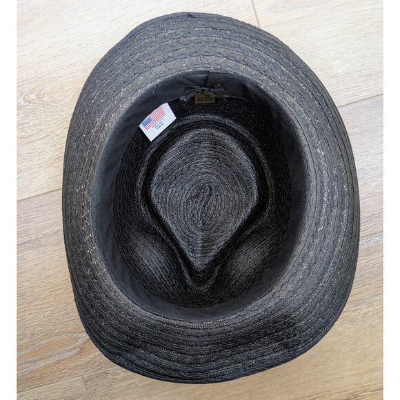 VTG Haband Black Straw Fedora Hat Medium 22" Gray Striped Hatband Made in USA - Picture 8 of 11